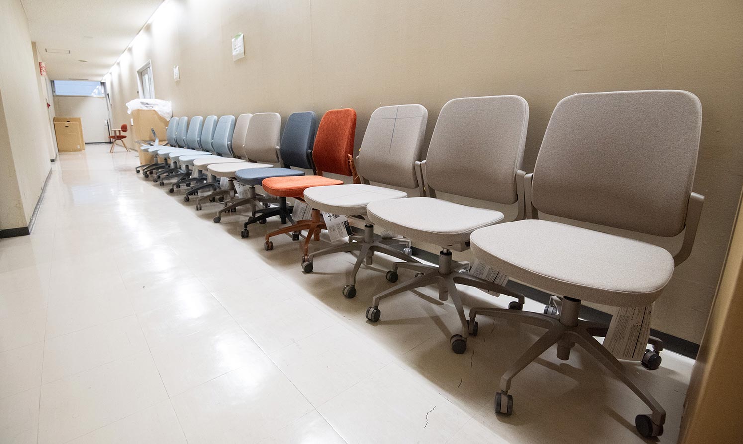廊下に並ぶオフィスチェア