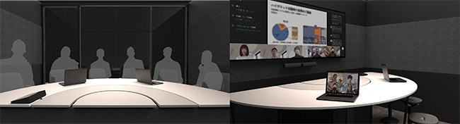 半円状のテーブルとSignature Teams Roomsの推奨レイアウト「Front row」 半円状のテーブルとSignature Teams Roomsの推奨レイアウト「Front row」